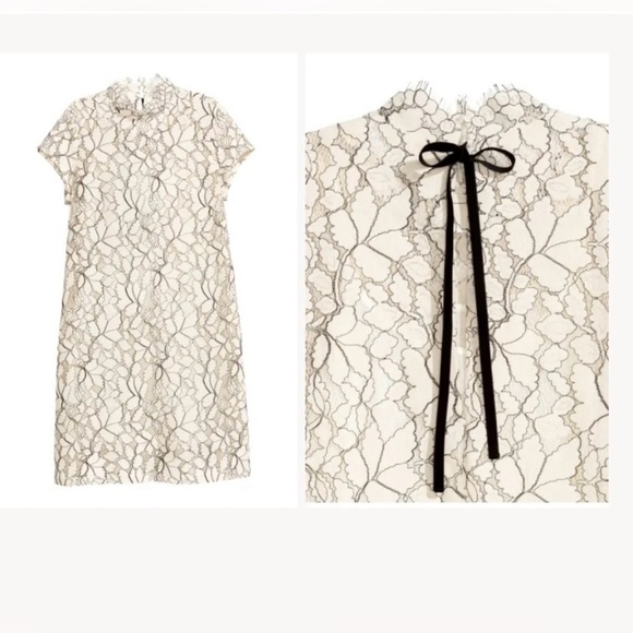 H&M Sheer Sheath Lace Dresses Cream with black detailing back ribbon tie Lined - Picture 14 of 17